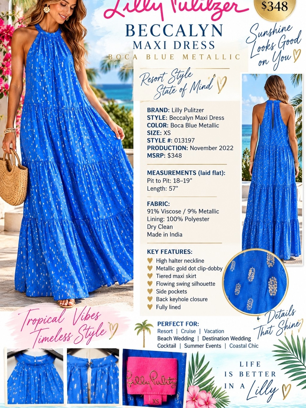 Lilly Pulitzer Beccalyn Maxi Dress Boca Blue Metallic Gold XS
